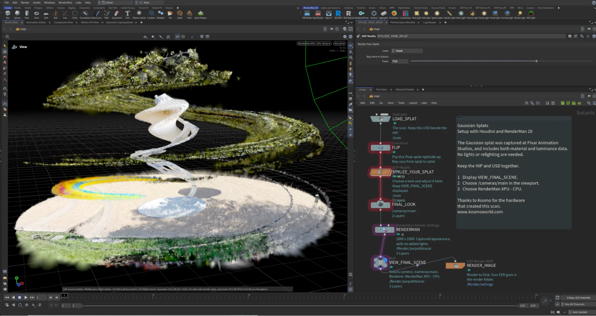 The Houdini scene with nodes for styling splats